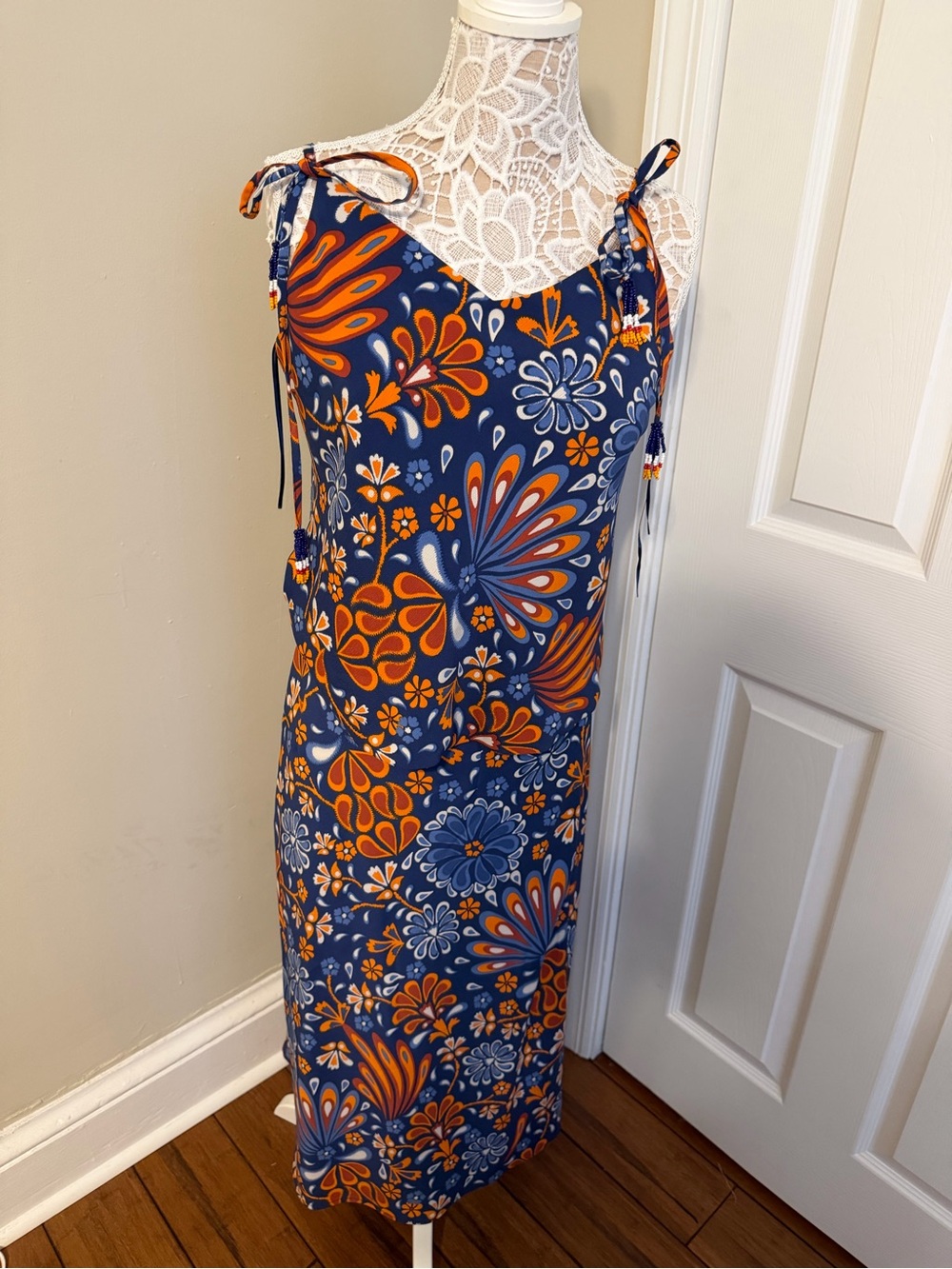 Sigrid Olsen Navy and Orange Floral Tie-Shoulder Matching set